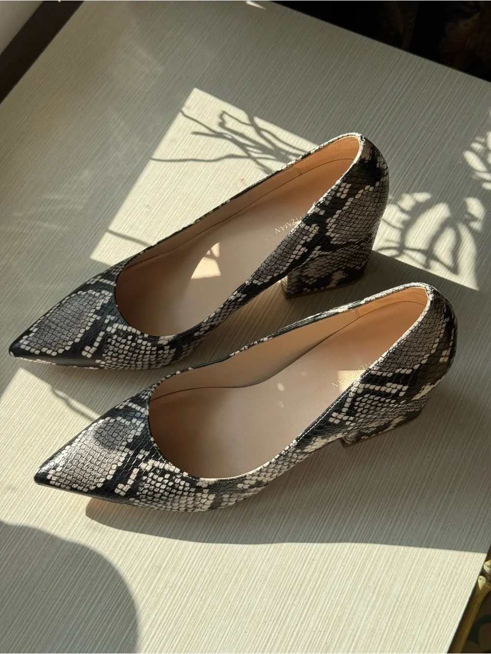 Stuart Weitzman Snake-Print Pointed Toe Pumps - Black & Gray Size 9
